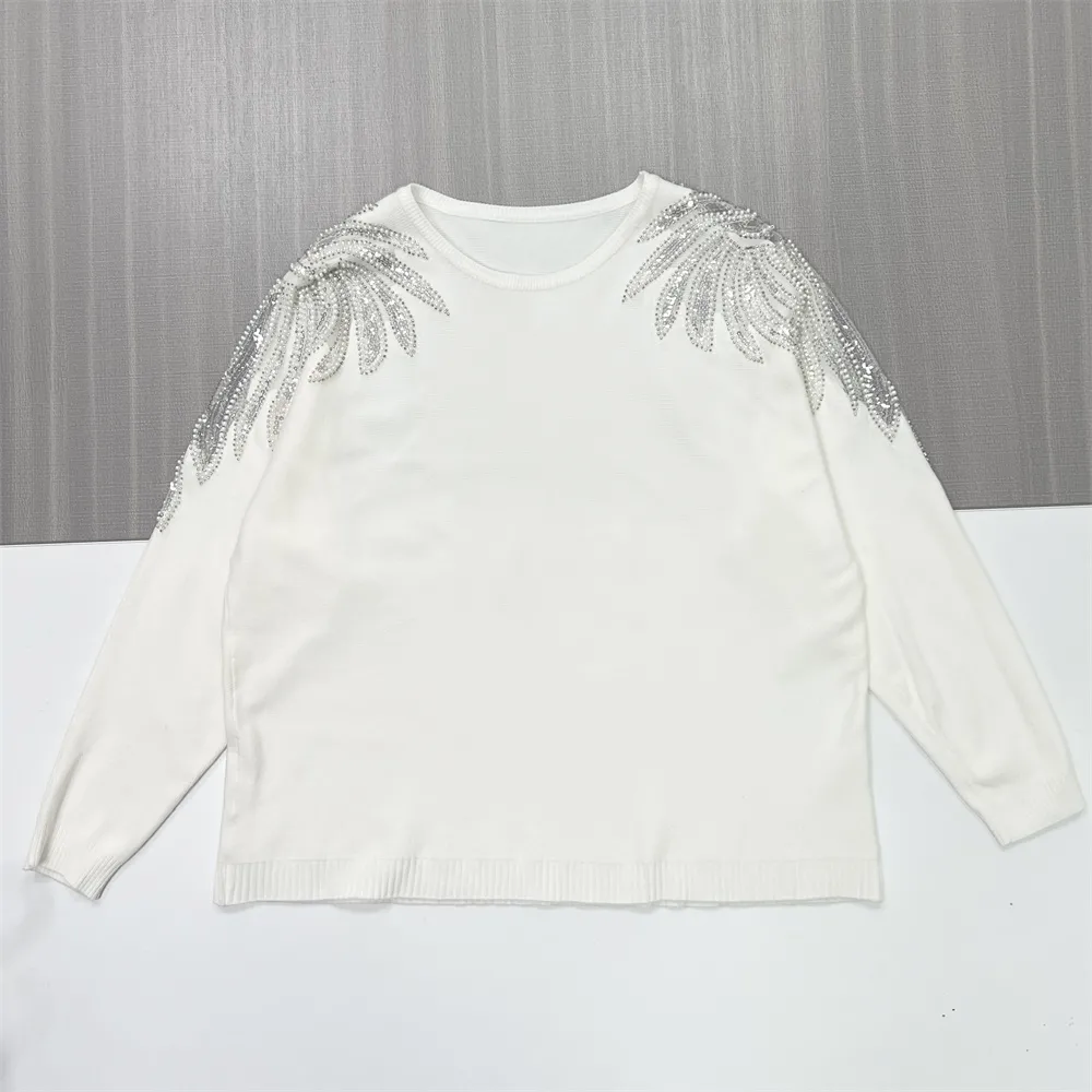 Women's White Knit Sweater with Shimmery Palm Leaf Shoulder Embellishments