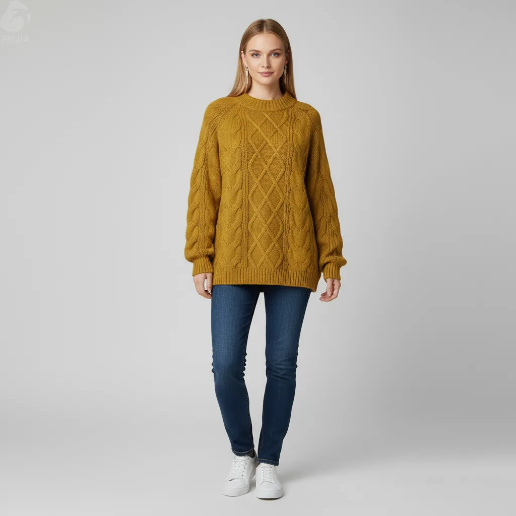 Women's Mustard Cable-Knit Sweater (Diamond Pattern, Relaxed Fit)