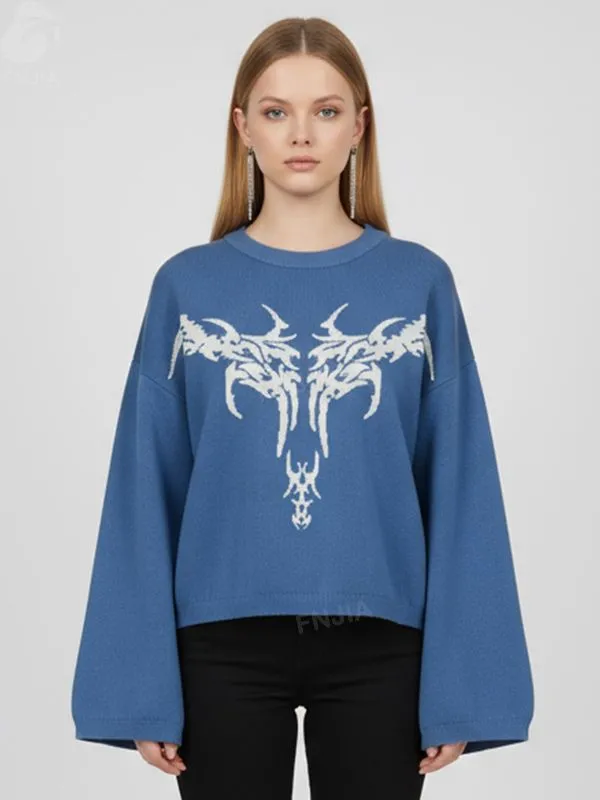 Women's Royal Blue Graphic Knit Sweater (Oversized Bell Sleeve, Cropped Fit)