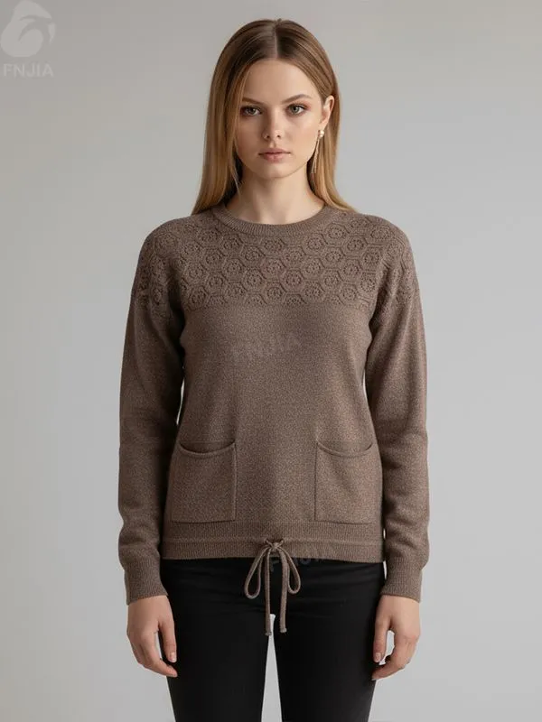 Women's Taupe Openwork Knit Sweater (Crew Neck, Drawstring Waist & Patch Pockets)