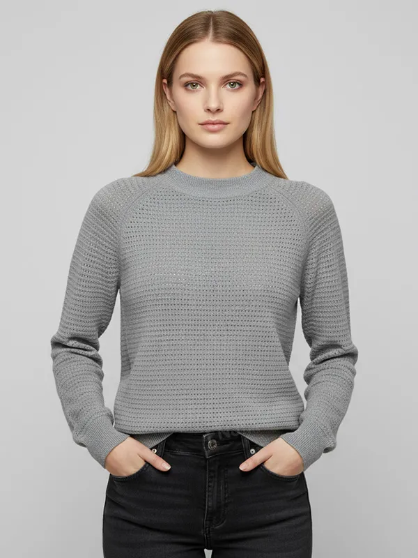 Women's Grey Openwork Knit Crew Neck Sweater (Textured Mesh Pattern)