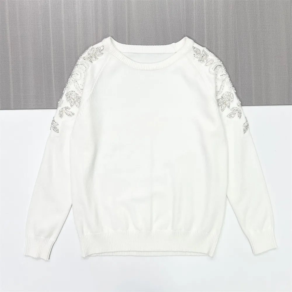 Women's White Knit Sweater with Shimmery Shoulder Embroidery
