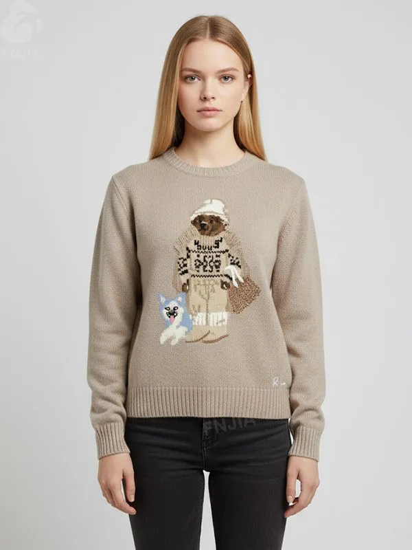 Women's Beige Bear & Dog Graphic Knit Sweater (Crew Neck, Playful Design)