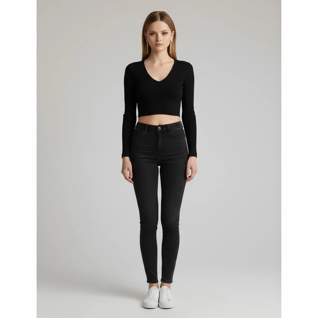 Women's Black Rib-Knit V-Neck Cropped Sweater (Slim-Fit Long Sleeve)