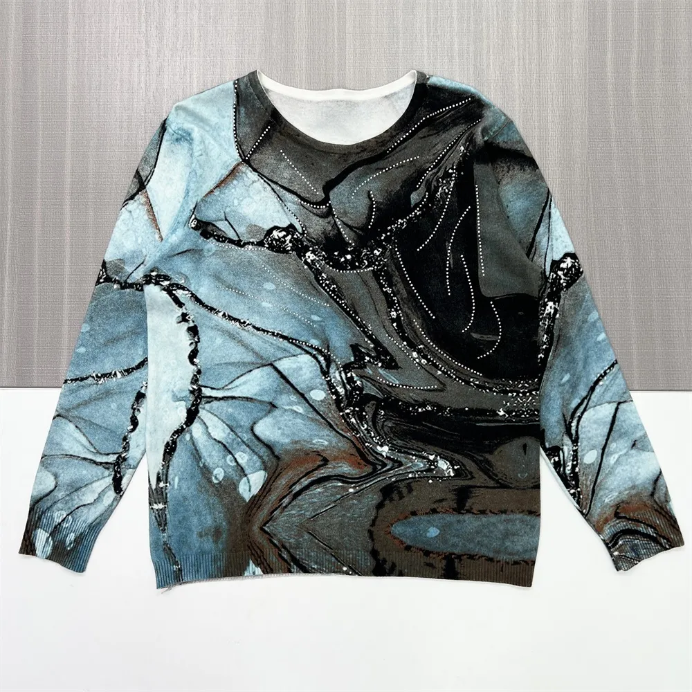 Women's Marble Pattern Knit Sweater with Sequin & Bead Embellishments
