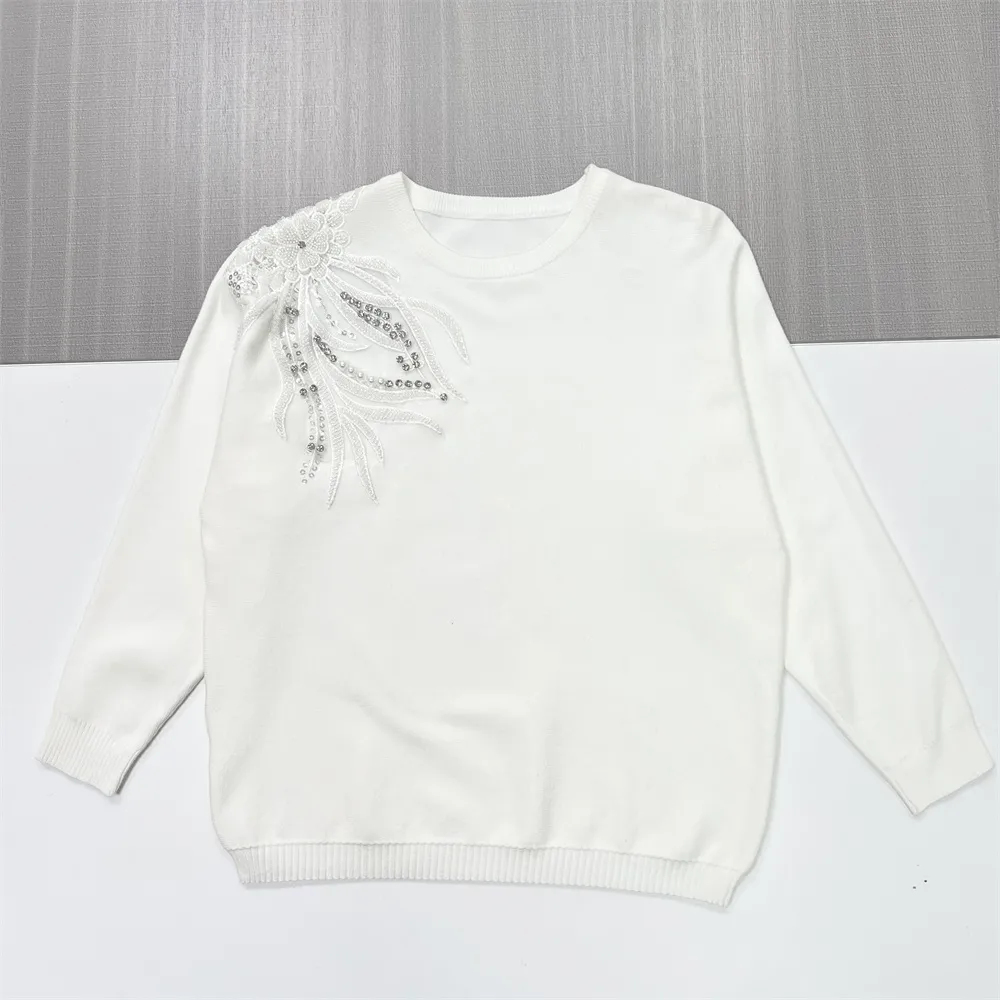 Women's White Knit Sweater with Shimmery Floral & Feather Shoulder Embellishment