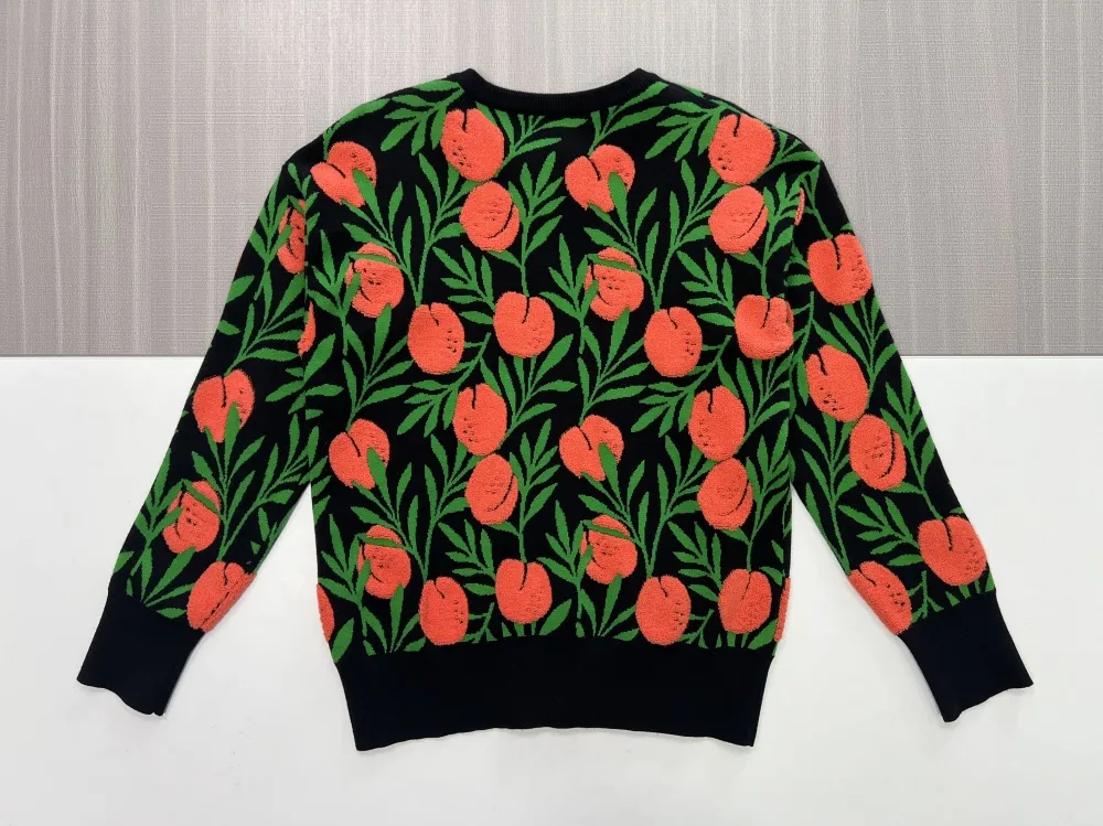 Women's Black Floral Pattern Knit Sweater (Coral & Green Botanical Design)
