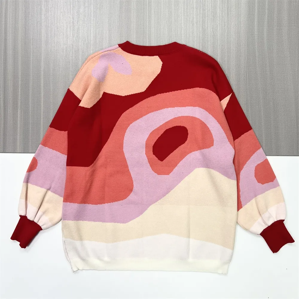 Women's Multi-Color Abstract Pattern Knit Sweater (Red & Pastel Tones)