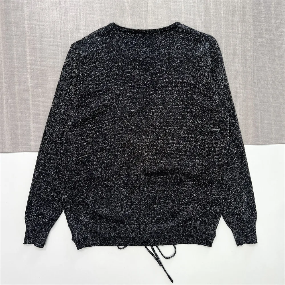 Women's Black Glitter Knit Sweater (Crew Neck, Patch Pockets & Drawstring Hem)