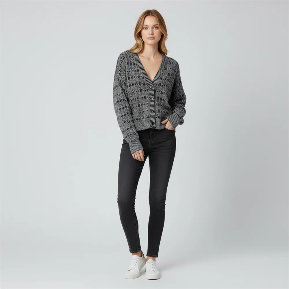 Women's Grey & Black Geometric Pattern Knit Cardigan (Cropped Fit)