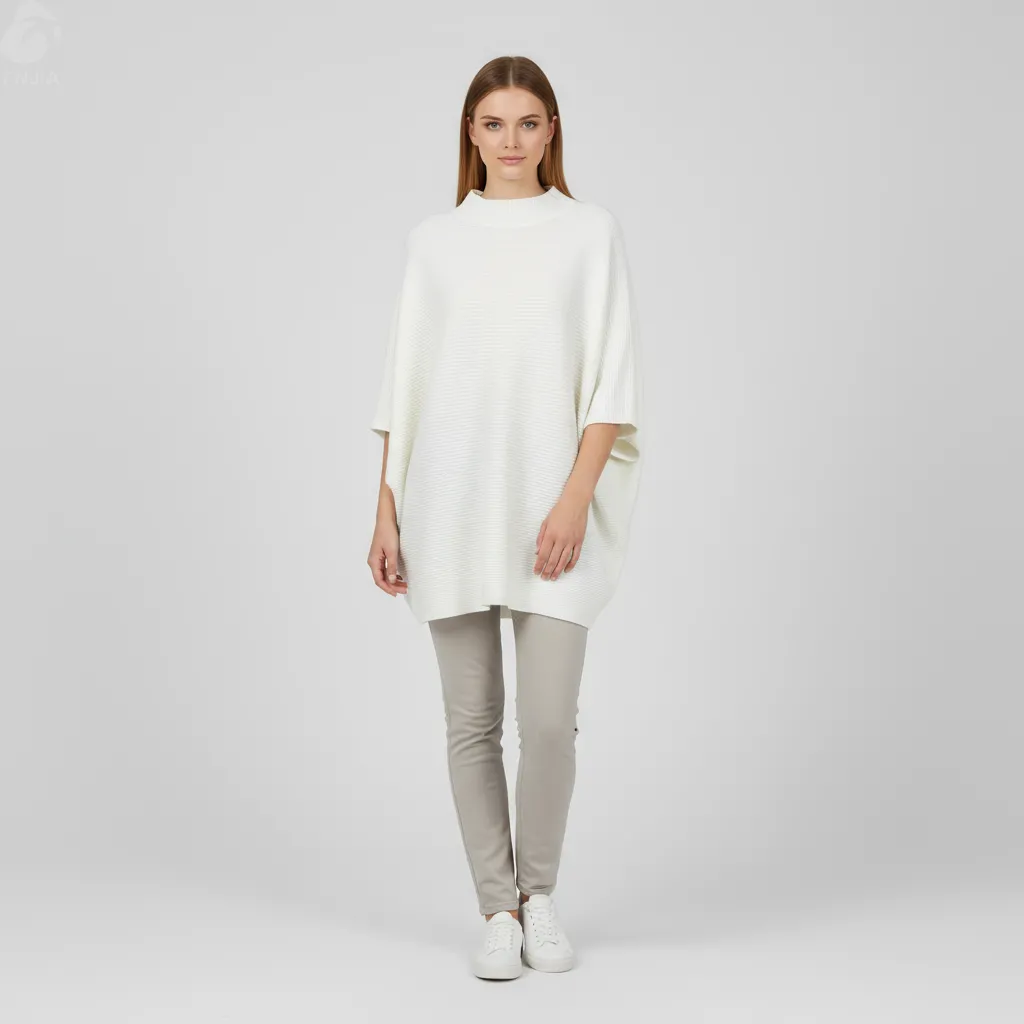 Women's White Rib-Knit Poncho Sweater (Mock Neck, Oversized Batwing Fit)