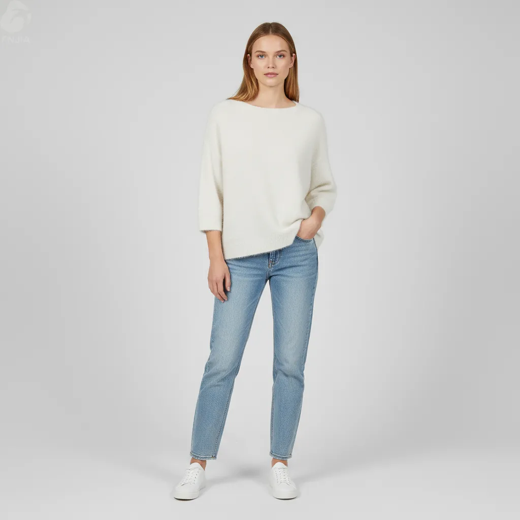 Women's Cream Boat Neck Knit Sweater (Soft Fuzzy Texture, 3/4 Sleeves)