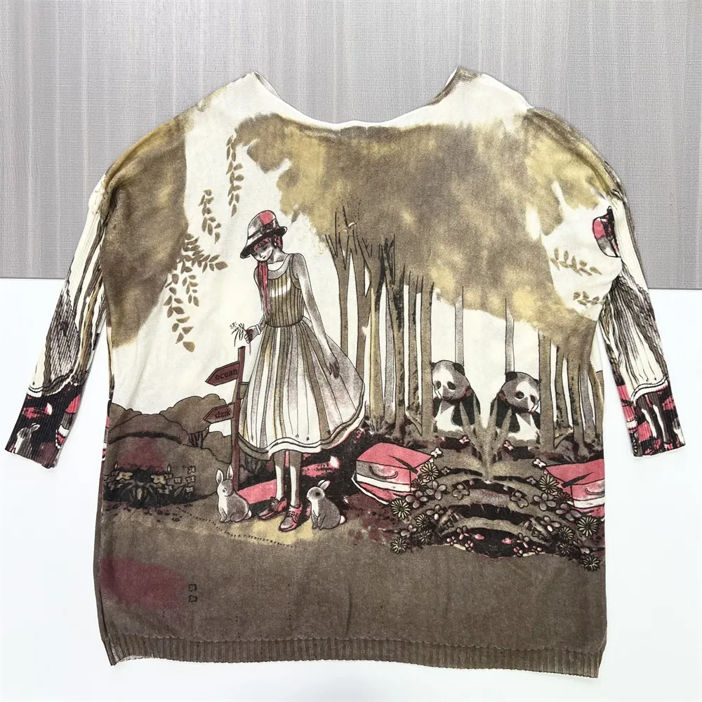 Women's Artistic Illustration Print Knit Tunic (Fantasy Scene Design)