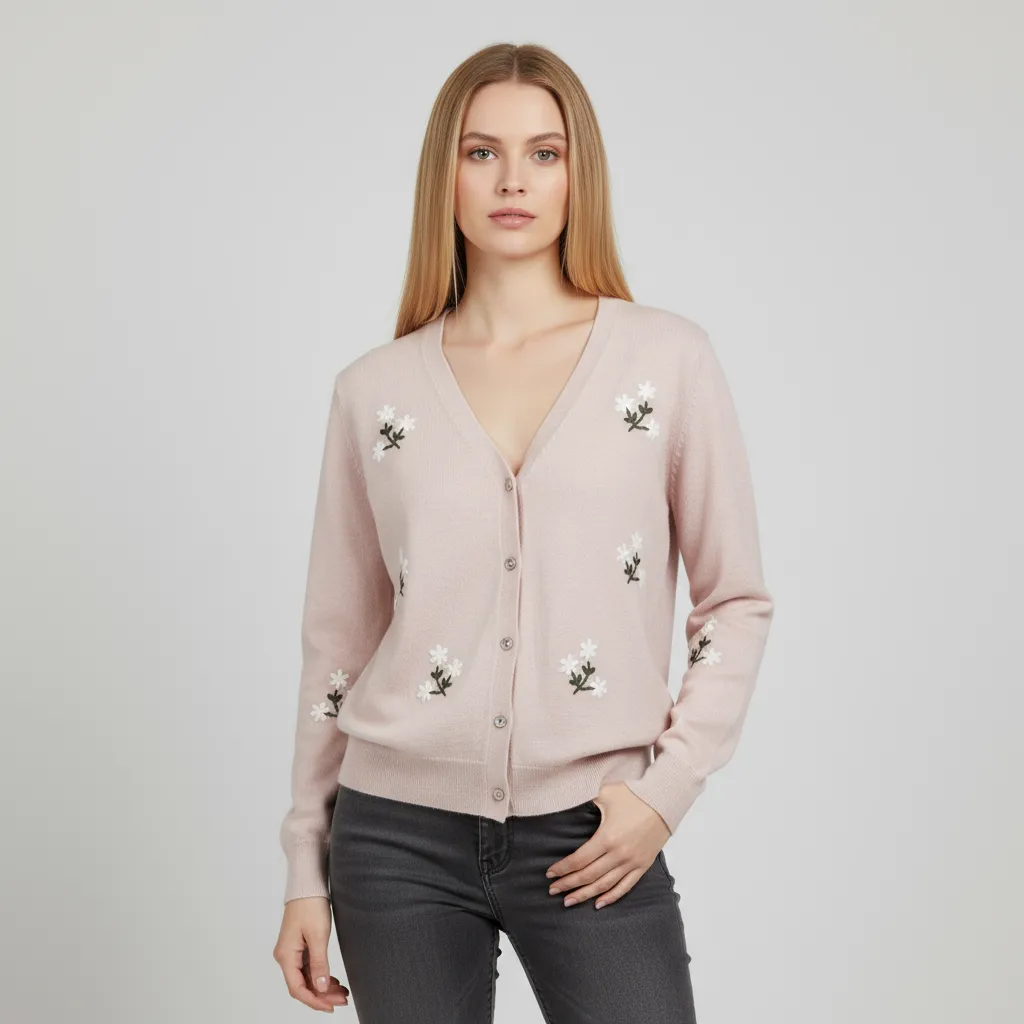 Women's Blush Pink Knit Cardigan with White Floral Embroidery