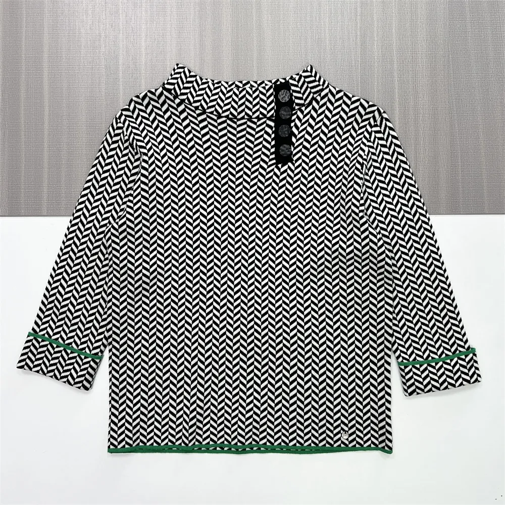 Women's Black & White Herringbone Knit Top (Stand Collar, 3/4 Sleeve with Green Trim)