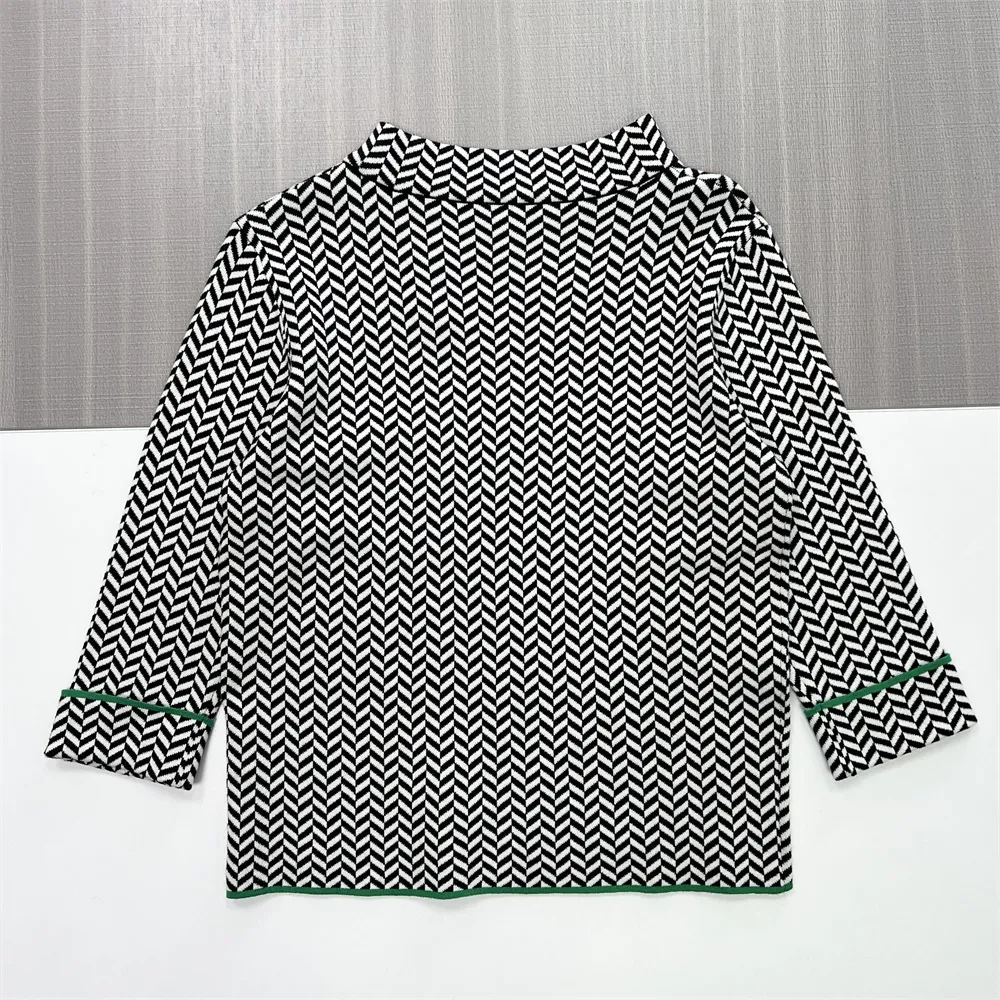 Women's Black & White Herringbone Knit Top (Stand Collar, 3/4 Sleeve with Green Trim)