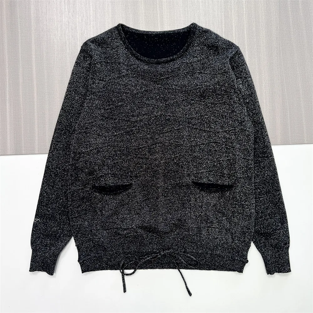 Women's Black Glitter Knit Sweater (Crew Neck, Patch Pockets & Drawstring Hem)