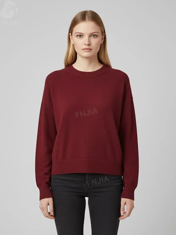Women's Burgundy Cropped Knit Sweater (Crew Neck, Minimalist Design)
