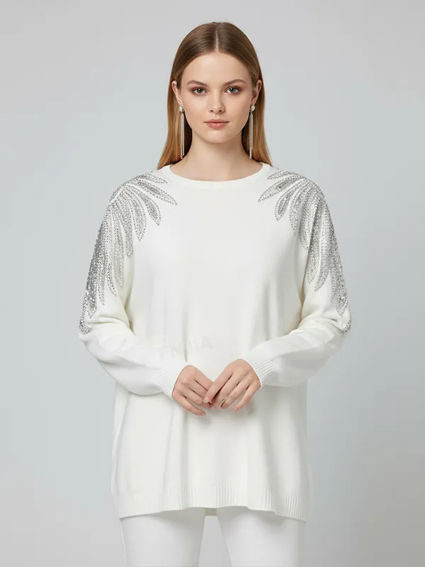 Women's White Knit Sweater with Shimmery Palm Leaf Shoulder Embellishments