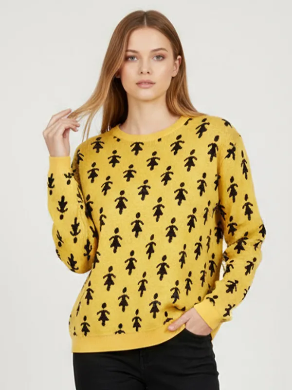 Women's Mustard & Black Figure-Print Knit Sweater (Crew Neck, Oversized Relaxed Fit)