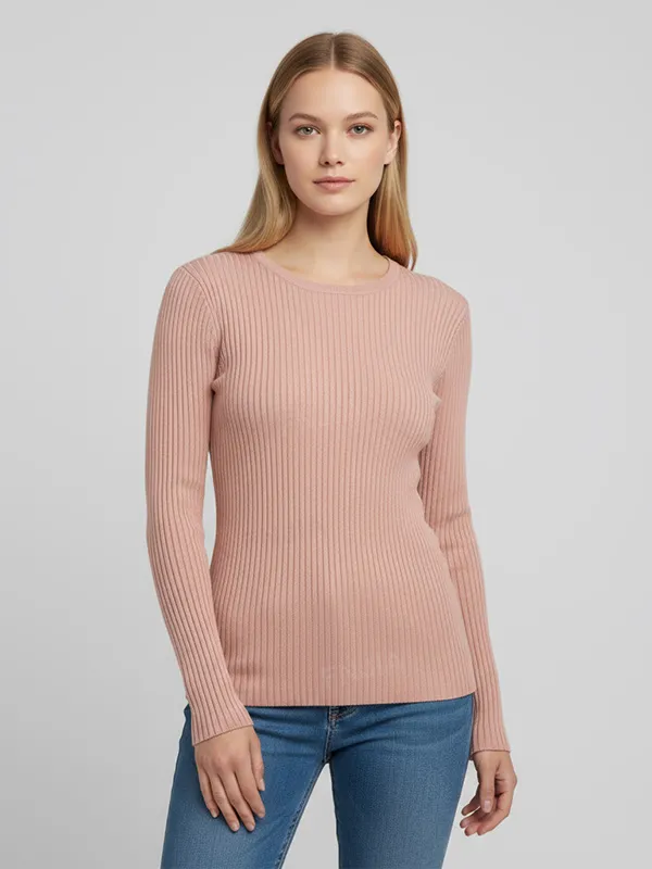 Women's Blush Pink Rib-Knit Sweater (Crew Neck, Slim-Fit Long Sleeve)
