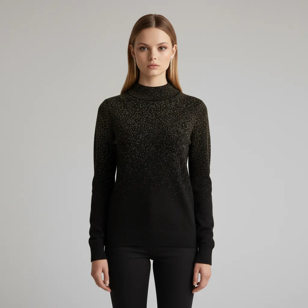 Women's Black & Gold Ombre Glitter Knit Sweater (Mock Neck, Slim-Fit Long Sleeve)