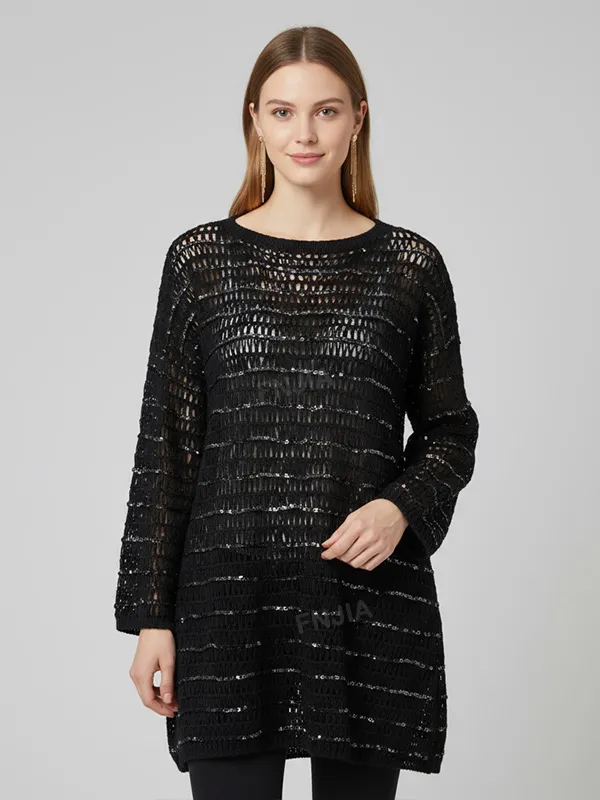 Women's Black Sequin-Striped Knit Tunic (Sheer Openwork, Crew Neck & 3/4 Sleeve)