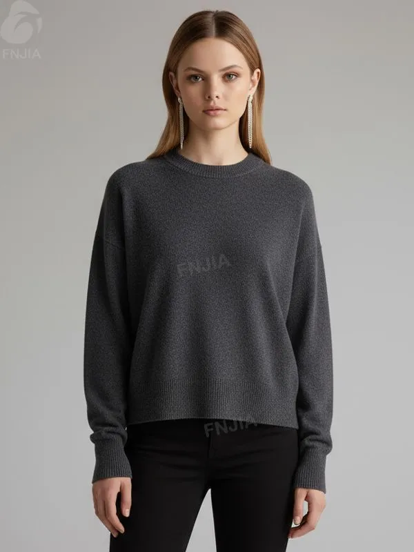 Women's Heather Grey Cropped Knit Sweater (Crew Neck, Relaxed Oversized Fit)
