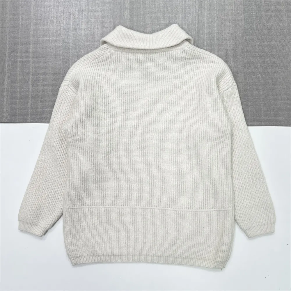 Women's Ivory Rib-Knit Quarter-Zip Polo Collar Sweater with Ring Detail