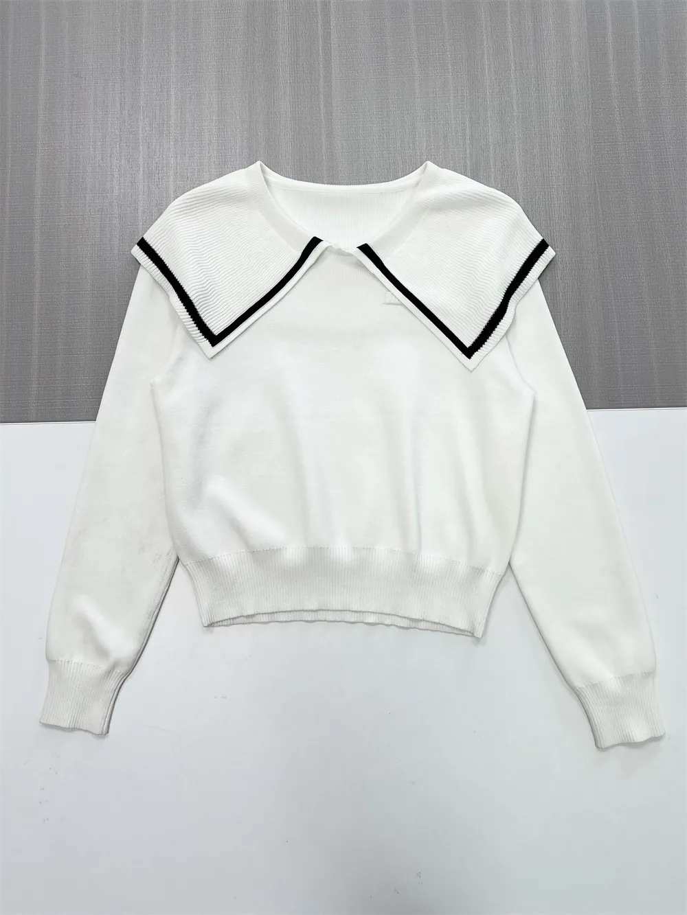 Women's White Sailor Collar Knit Sweater with Black Contrast Trim