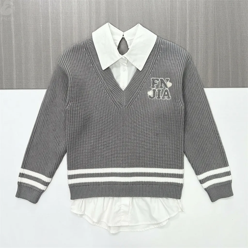 Women's Grey Rib-Knit Layered Shirt-Collar Sweater with Brand Embroidered Detail