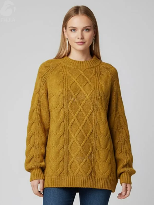 Women's Mustard Cable-Knit Sweater (Diamond Pattern, Relaxed Fit)
