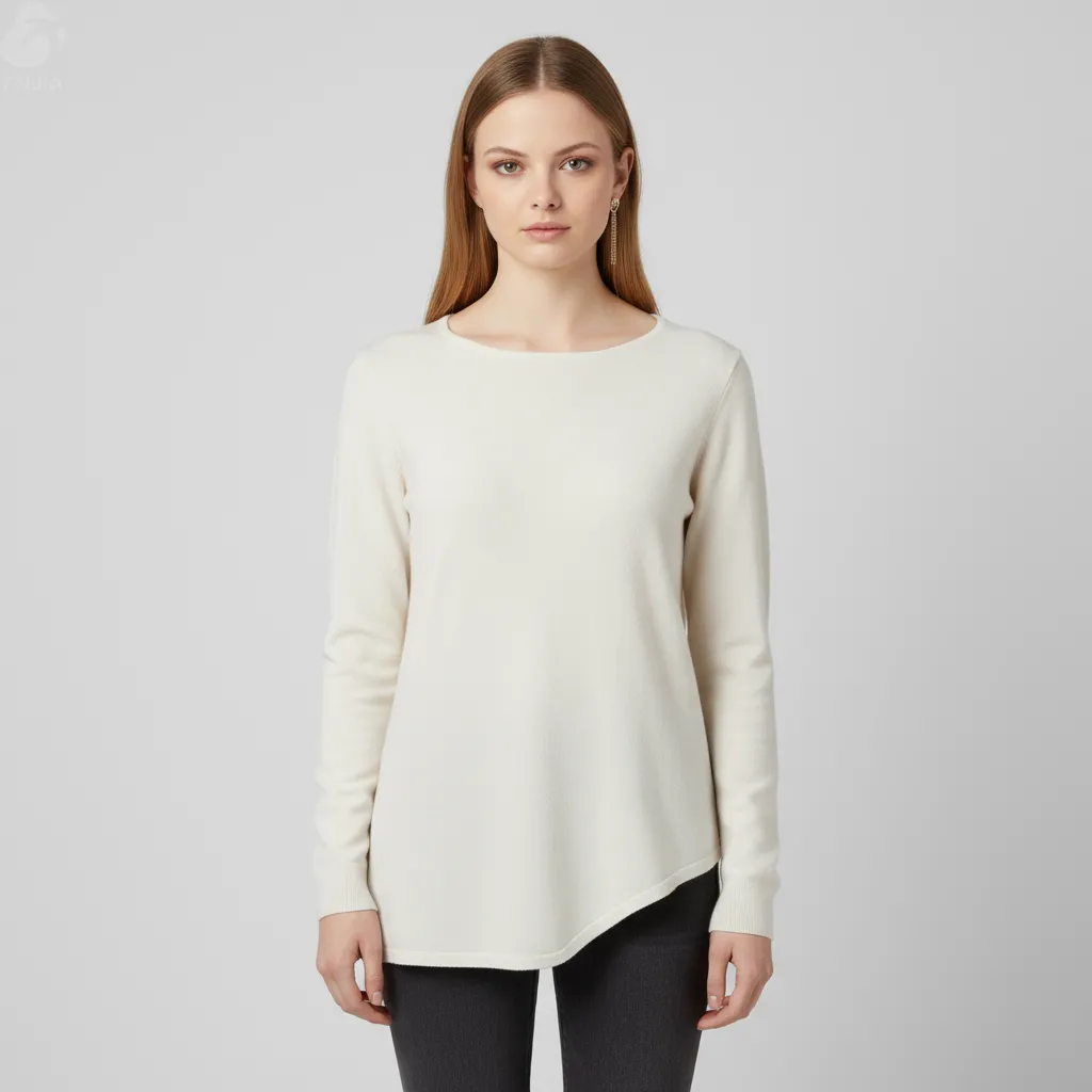 Women's Cream Asymmetric Hem Knit Top (Boat Neck, Long Sleeve)