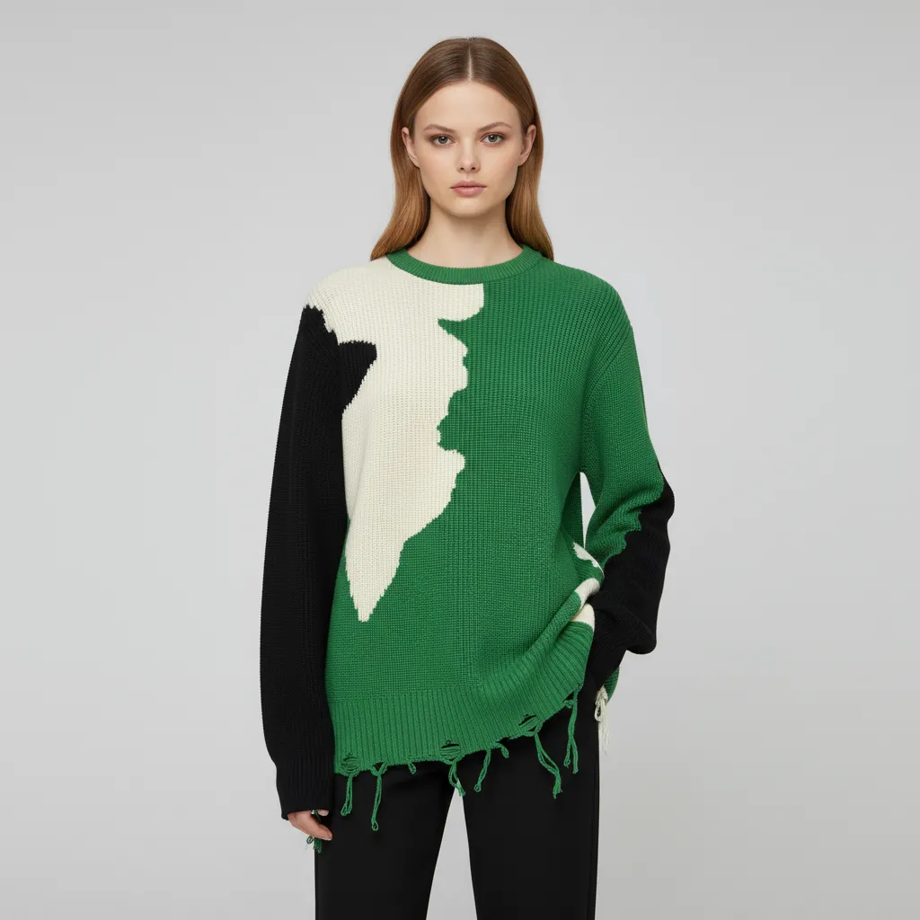 Women's Green/Black/White Abstract Knit Sweater (Oversized Fit, Fringed Hem)