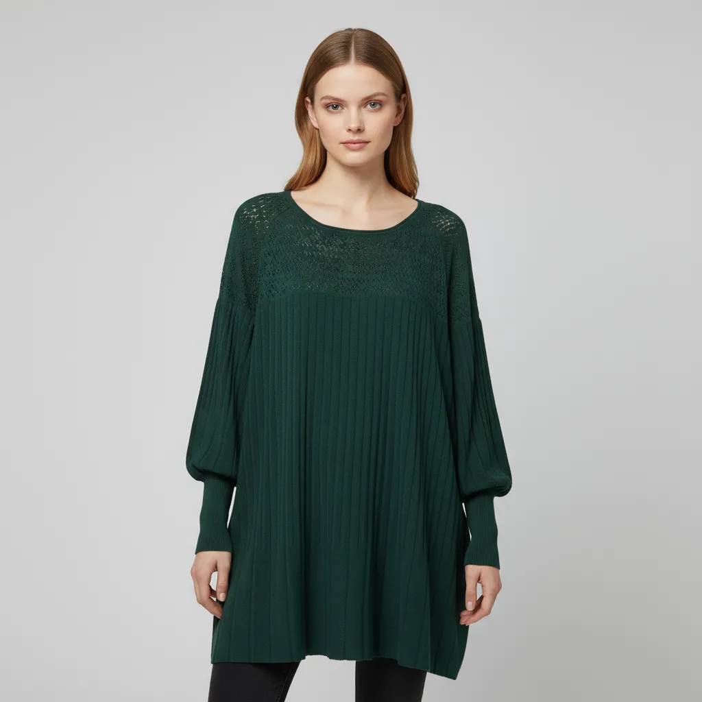 Women's Forest Green Knit Tunic (Oversized Fit, Pleated Sleeves & Openwork Detail)