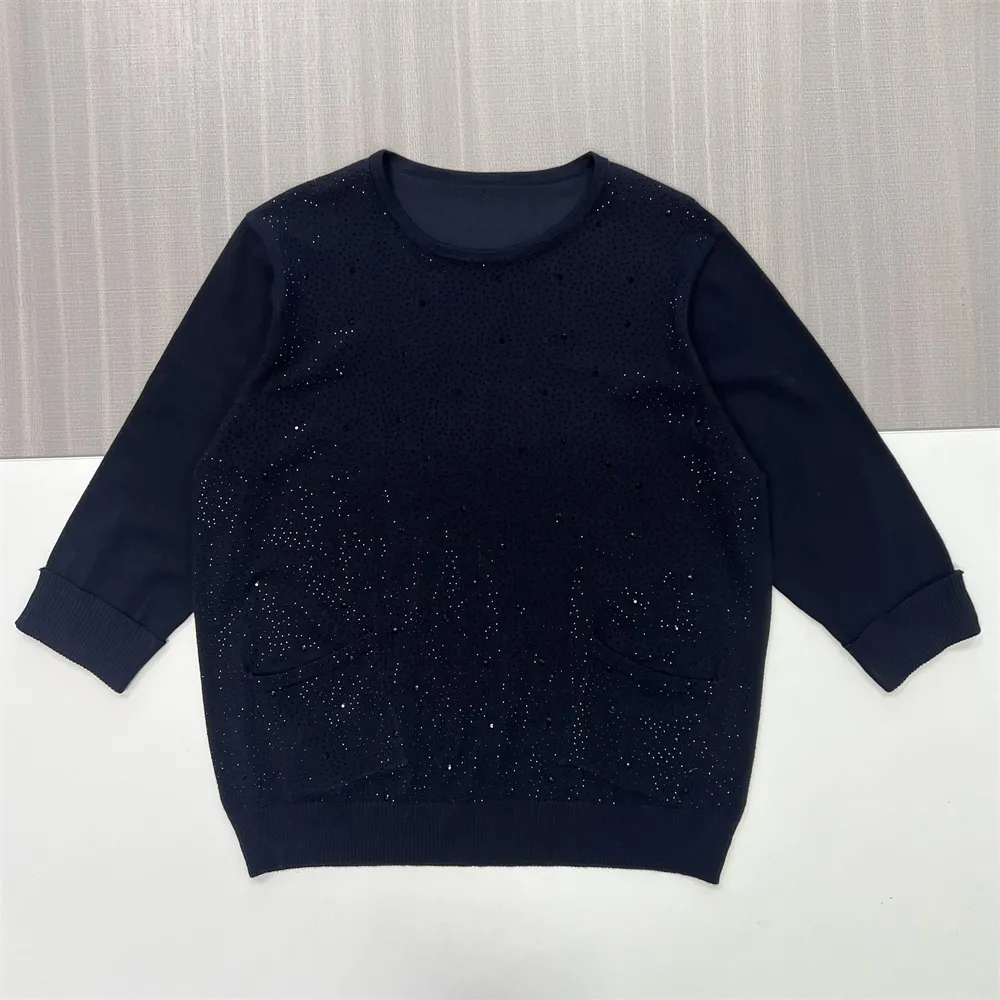 Women's Navy Sequin-Embellished Knit Sweater (Crew Neck, 3/4 Sleeve & Patch Pockets)