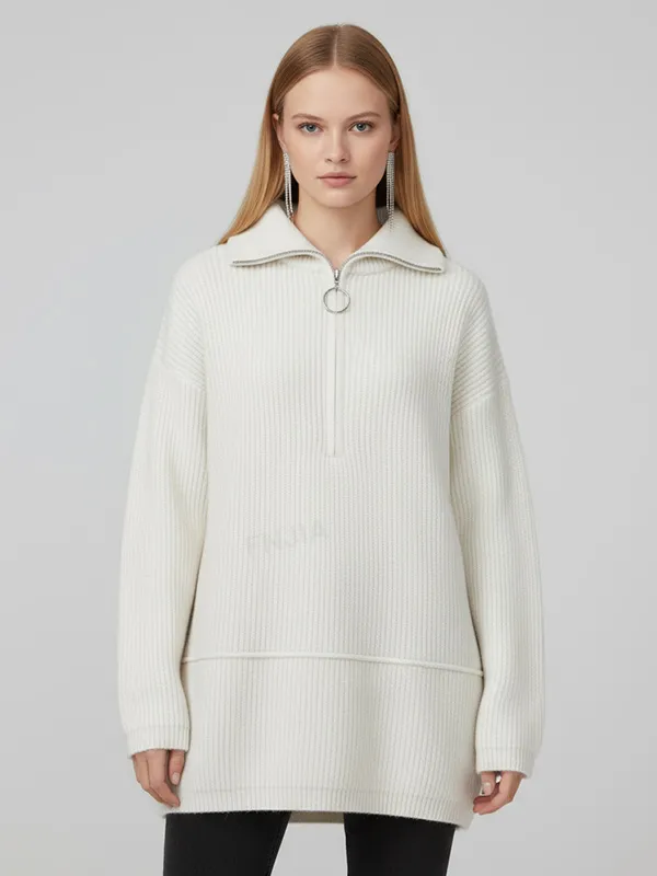 Women's Ivory Rib-Knit Quarter-Zip Polo Collar Sweater with Ring Detail