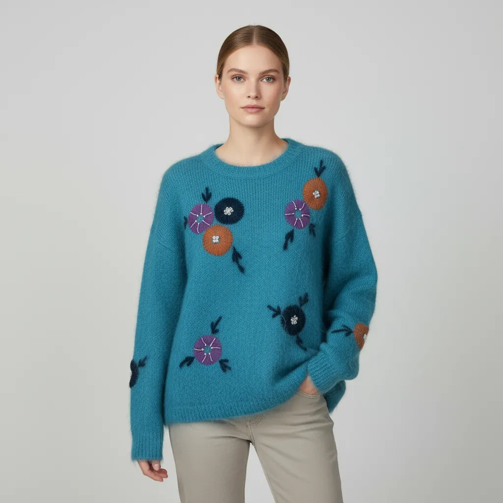 Women's Turquoise Knit Sweater with Colorful Floral Embroidery