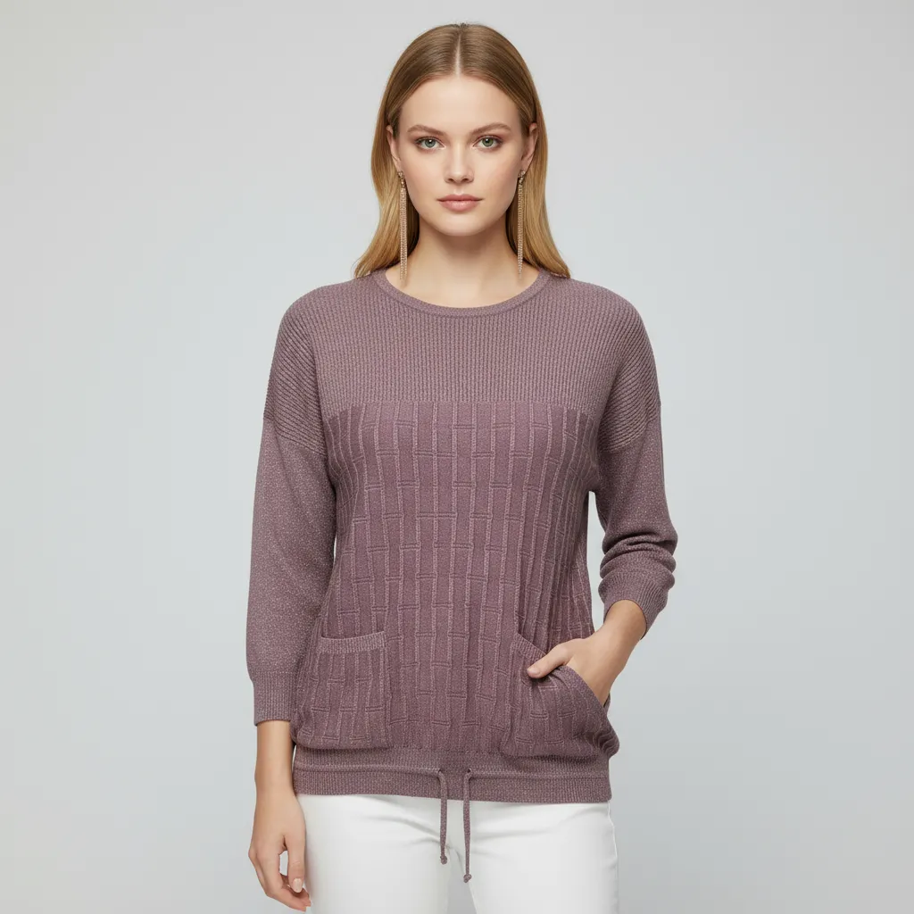 Women's Mauve Textured Knit Sweater (Crew Neck, Patch Pockets & Drawstring Hem)