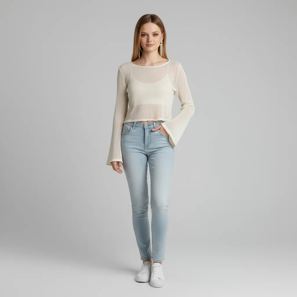 Women's Ivory Sheer Knit Top (Crop Fit, Flared Bell Sleeves & Boat Neck)