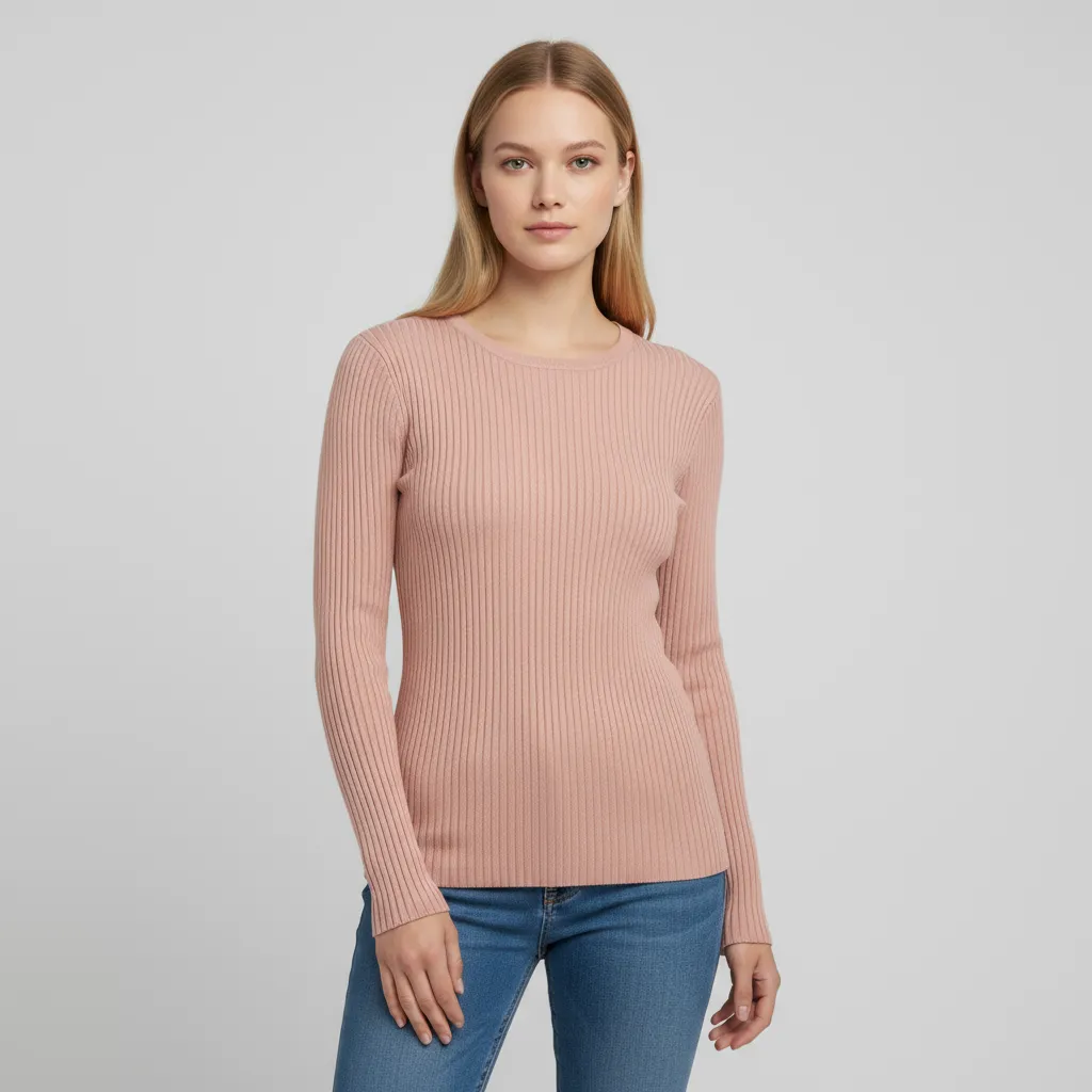 Women's Blush Pink Rib-Knit Sweater (Crew Neck, Slim-Fit Long Sleeve)