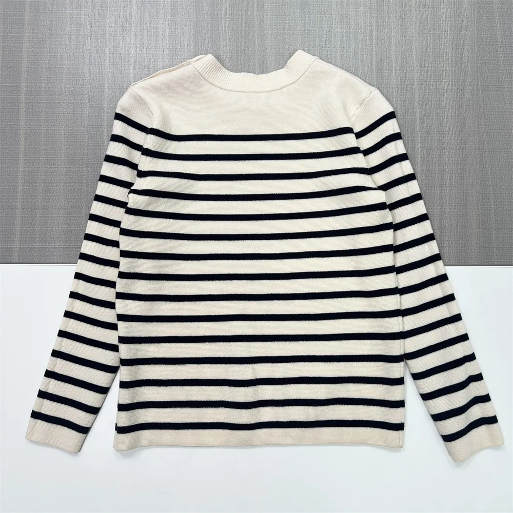Women's Ivory & Black Striped Knit Sweater (Crew Neck, Shoulder Button Accents)