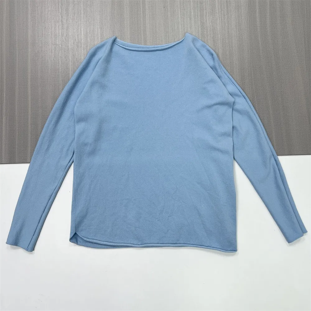 Women's Light Blue Boat Neck Knit Top (Oversized Fit, Long Sleeve & Side Slit)