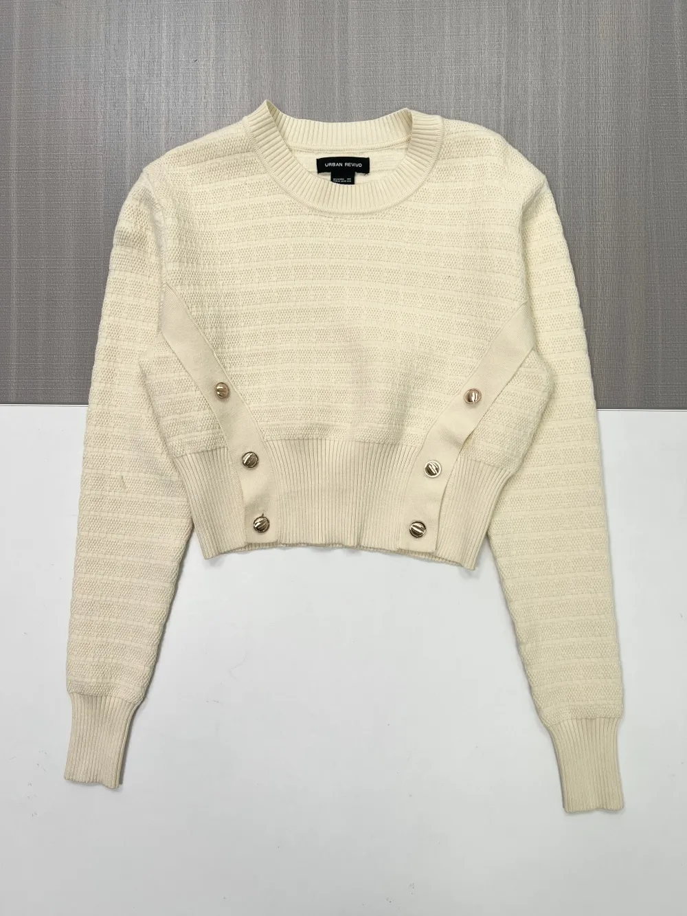Women's Ivory Textured Knit Sweater (Crop Fit Side Button Accents & Crew Neck)