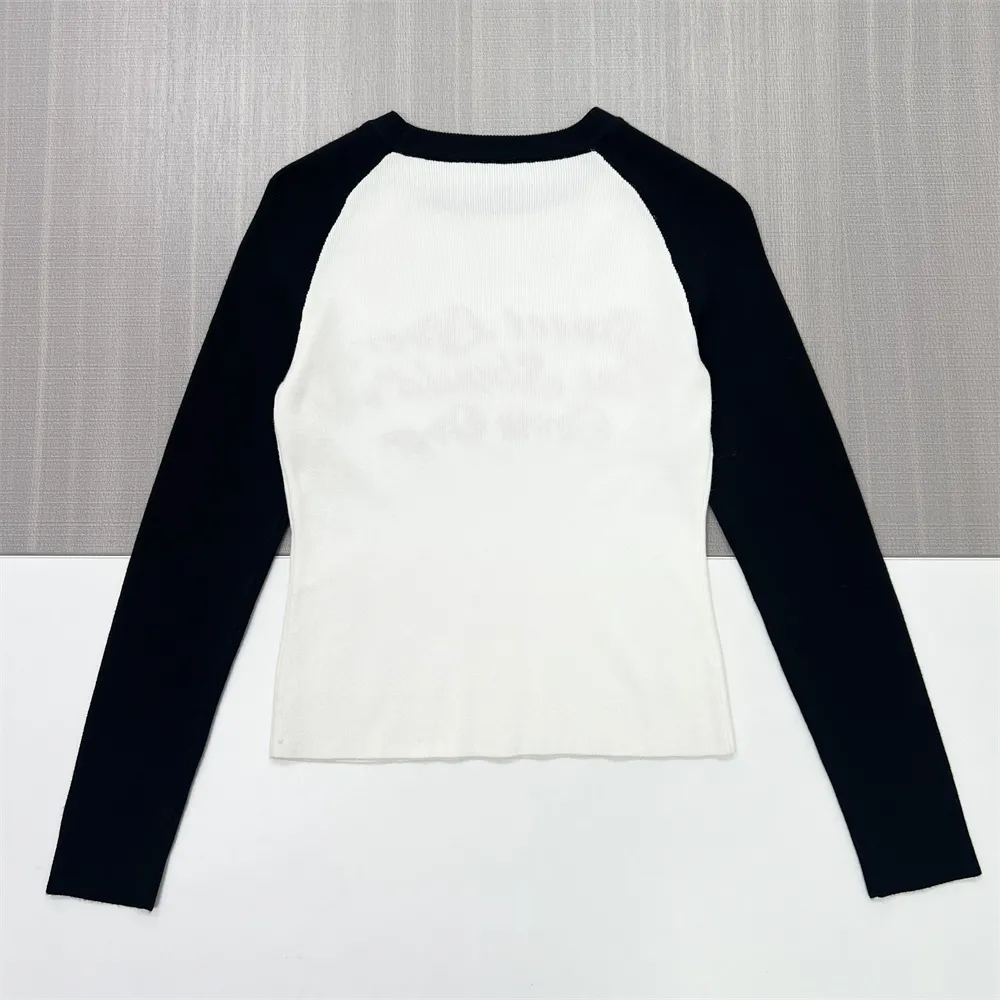 Women's Black & White Raglan-Sleeve Knit Top (Slim Fit, Red Text Embroidery)