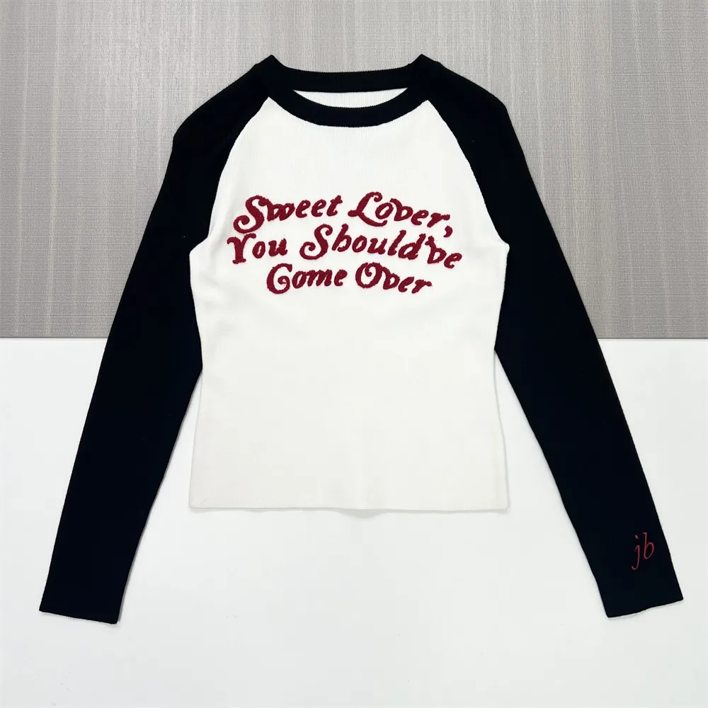 Women's Black & White Raglan-Sleeve Knit Top (Slim Fit, Red Text Embroidery)