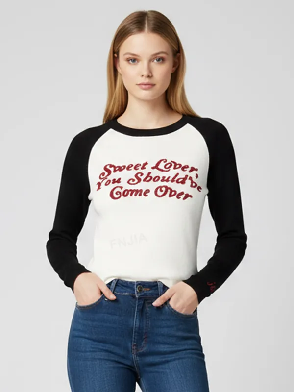 Women's Black & White Raglan-Sleeve Knit Top (Slim Fit, Red Text Embroidery)