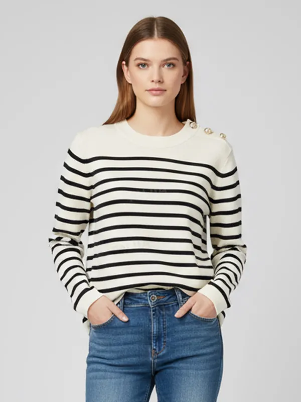 Women's Ivory & Black Striped Knit Sweater (Crew Neck, Shoulder Button Accents)