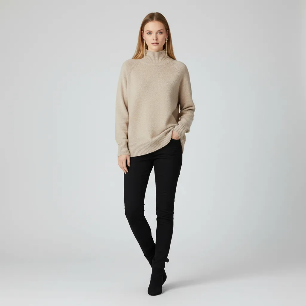 Women's Beige Turtleneck Knit Sweater (Oversized Fit, Soft Texture & Ribbed Trims)