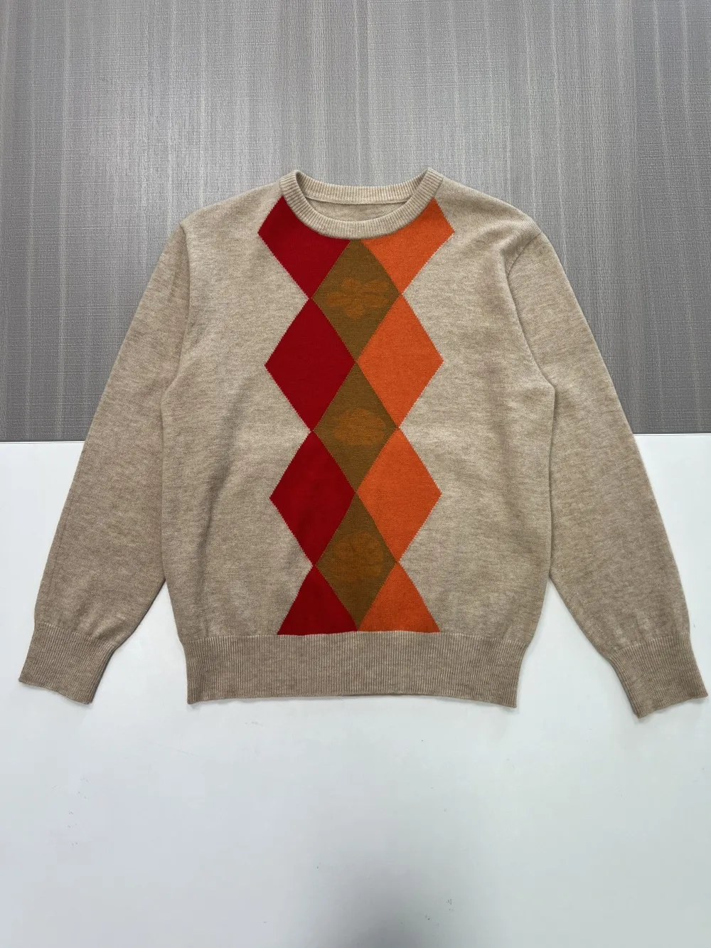 Women's Beige Argyle Knit Sweater (Crew Neck Red & Orange Diamond Pattern)